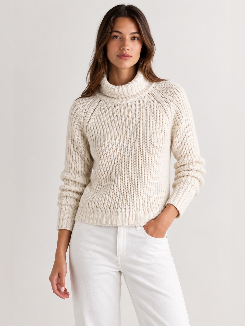 Banana Republic Merino Wool Chunky Knit Cream Turtleneck Sweater Size Medium *U